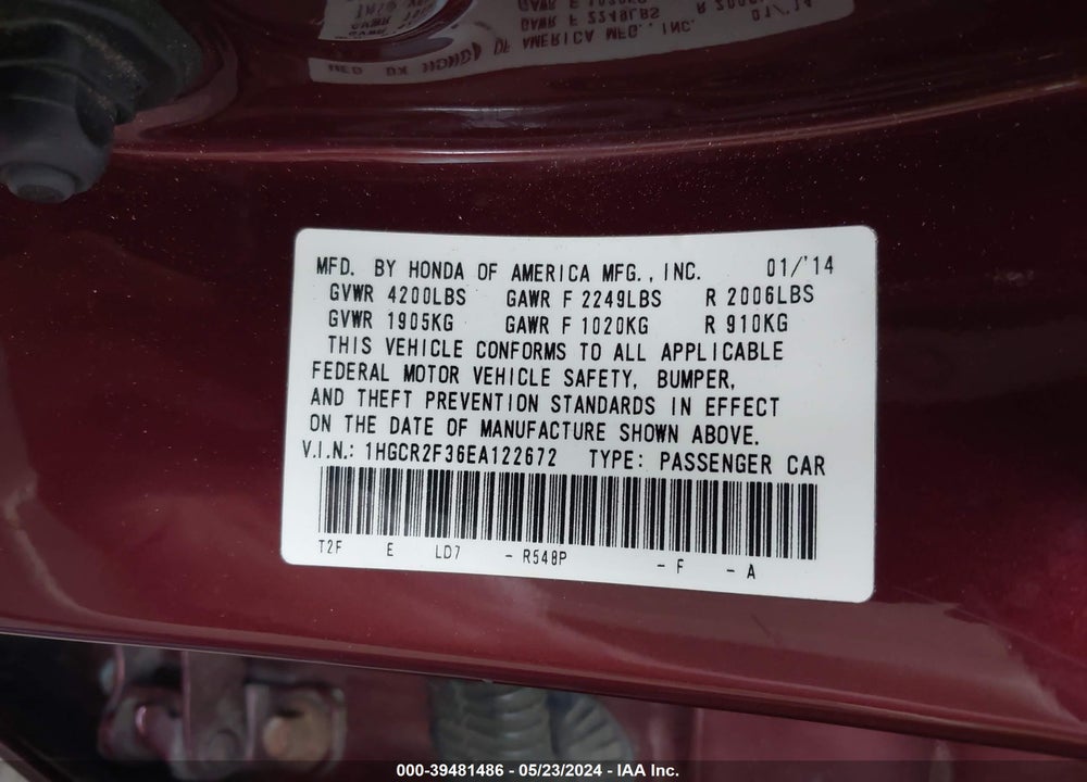 2014 HONDA ACCORD LX VIN: 1HGCR2F36EA122672