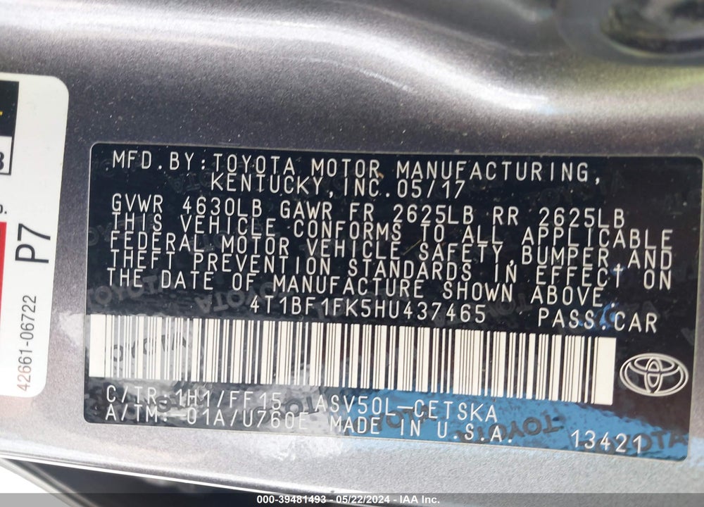 2017 TOYOTA CAMRY SE VIN: 4T1BF1FK5HU437465