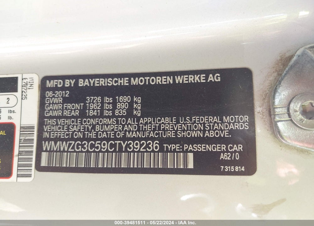 2012 MINI COOPER S CLUBMAN VIN: WMWZG3C59CTY39236