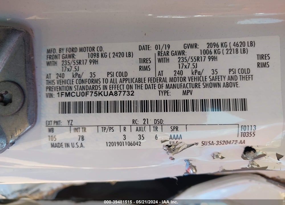 2019 FORD ESCAPE S VIN: 1FMCU0F75KUA87732