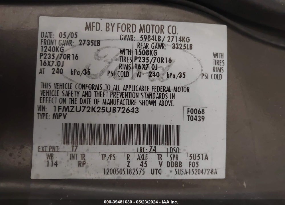 2005 FORD EXPLORER XLS/XLS SPORT VIN: 1FMZU72K25UB72643