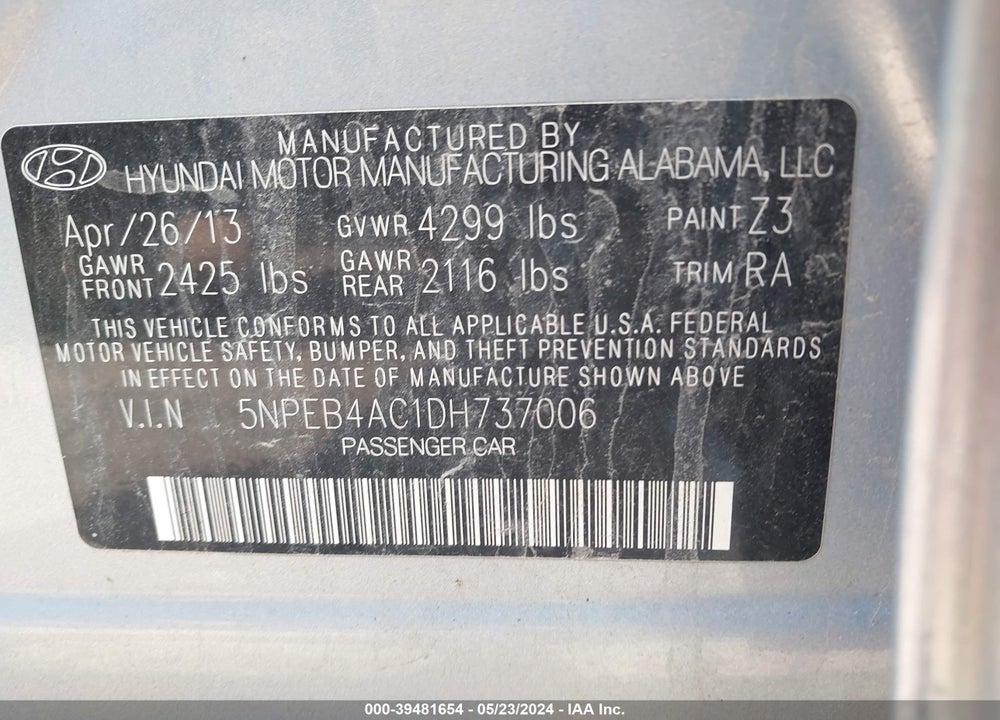 2013 HYUNDAI SONATA GLS VIN: 5NPEB4AC1DH737006