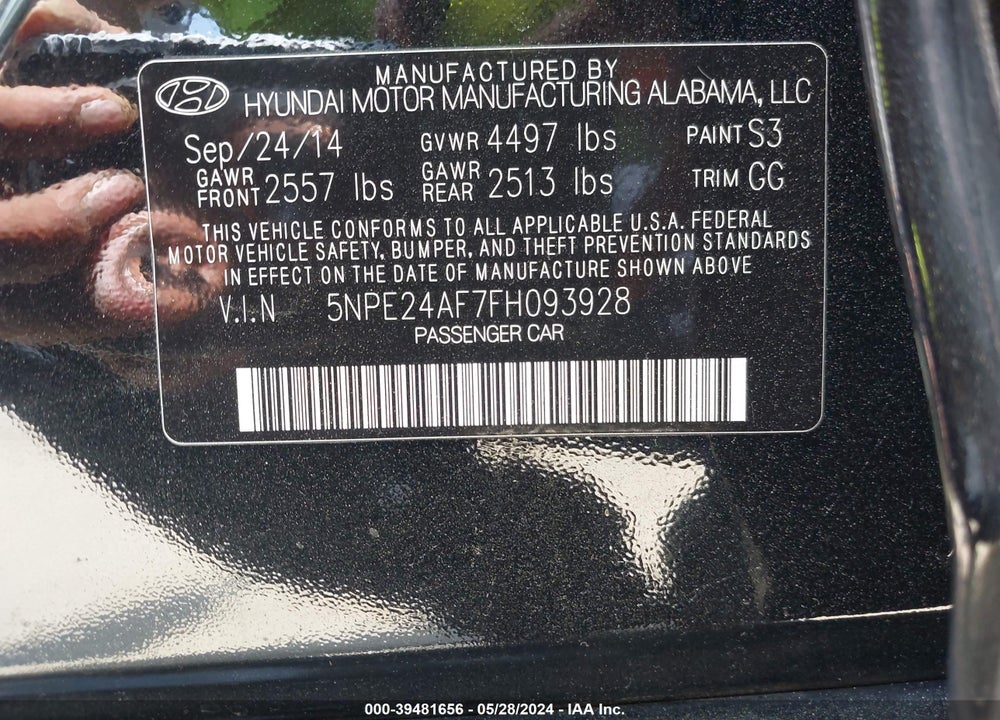 2015 HYUNDAI SONATA SE VIN: 5NPE24AF7FH093928