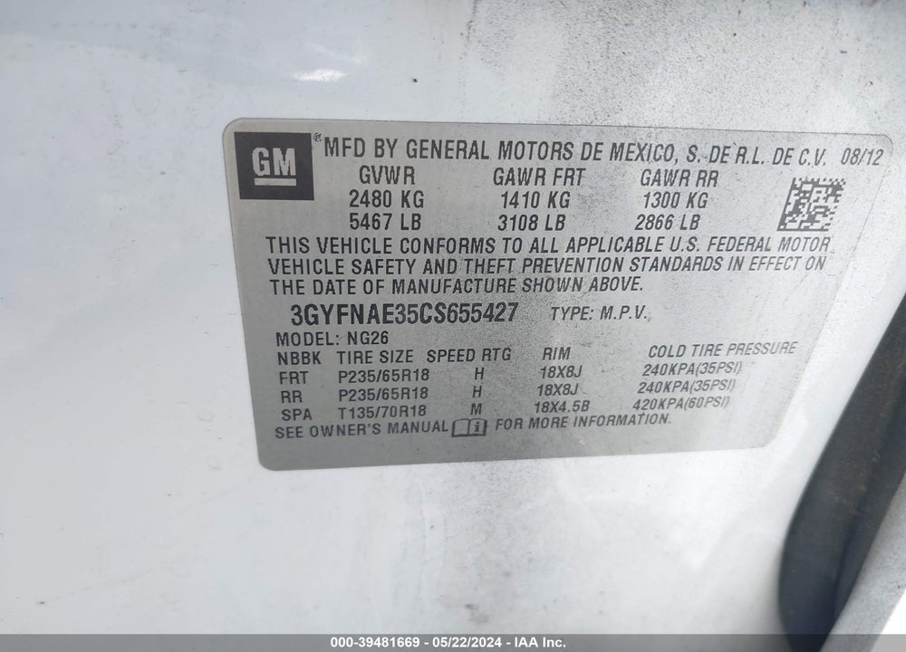 2012 CADILLAC SRX LUXURY COLLECTION VIN: 3GYFNAE35CS655427