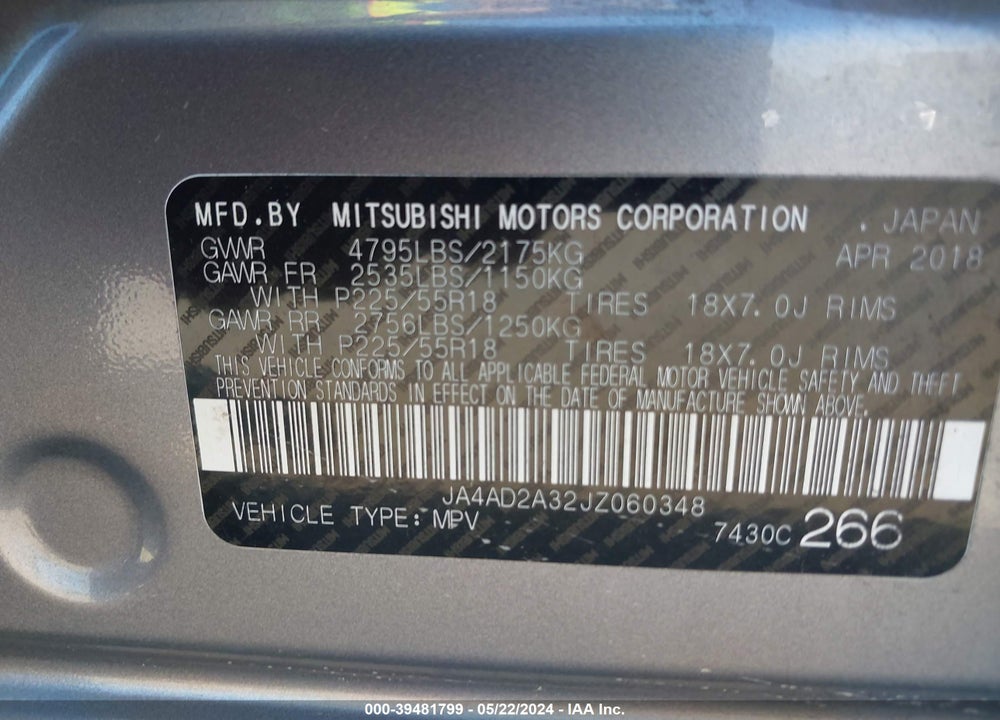 2018 MITSUBISHI OUTLANDER ES VIN: JA4AD2A32JZ060348