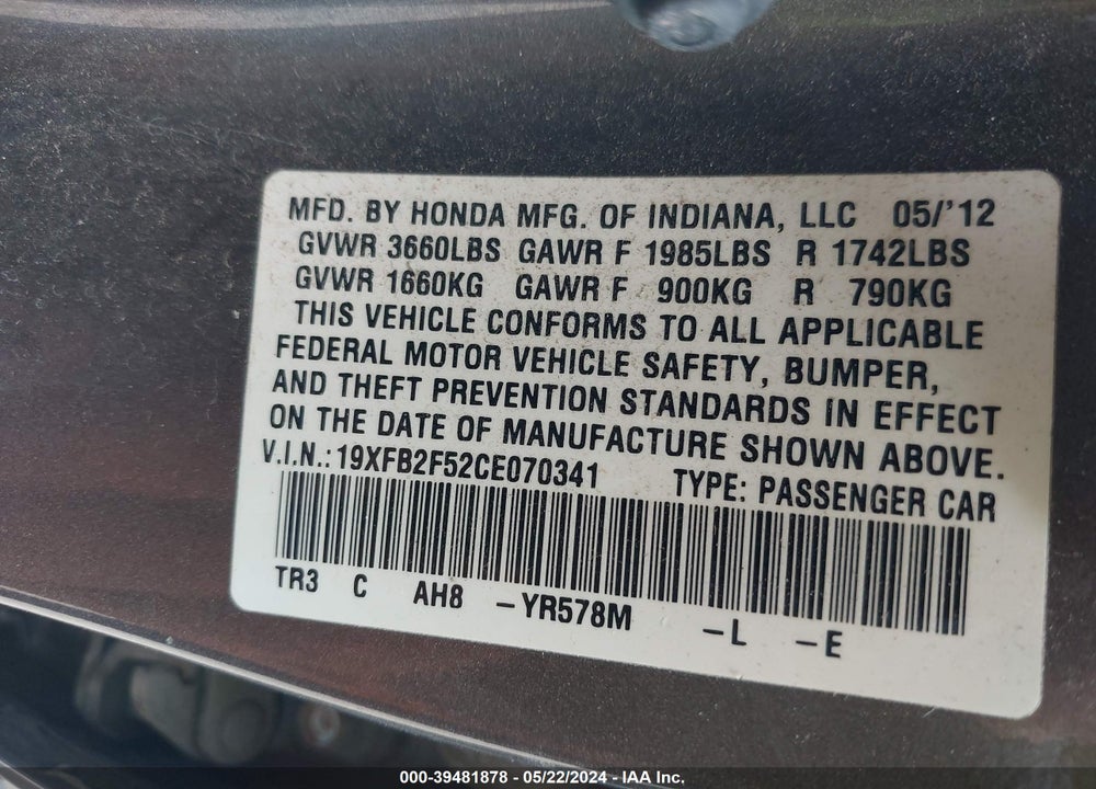 2012 HONDA CIVIC LX VIN: 19XFB2F52CE070341