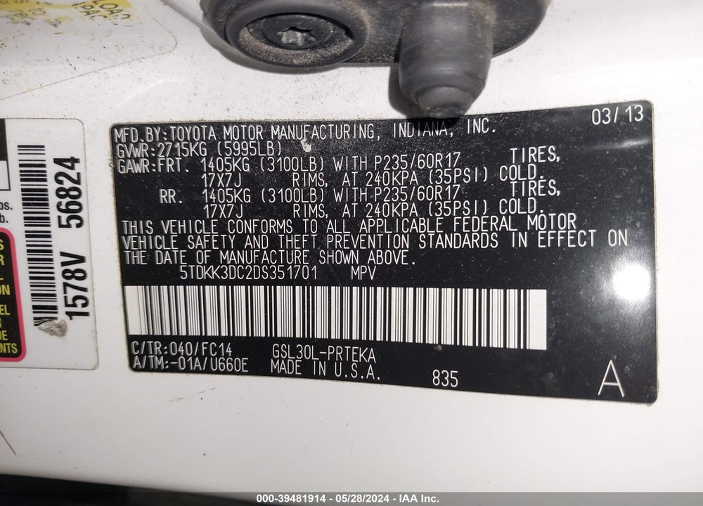 2013 TOYOTA SIENNA LE V6 8 PASSENGER VIN: 5TDKK3DC2DS351701