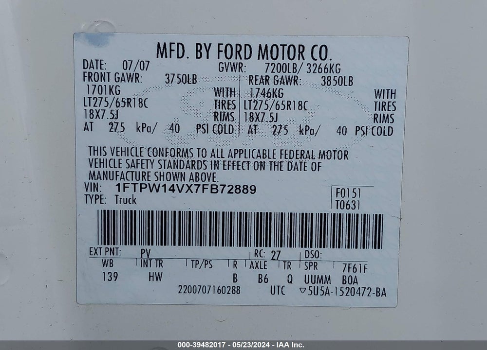 2007 FORD F-150 FX4/LARIAT/XLT VIN: 1FTPW14VX7FB72889