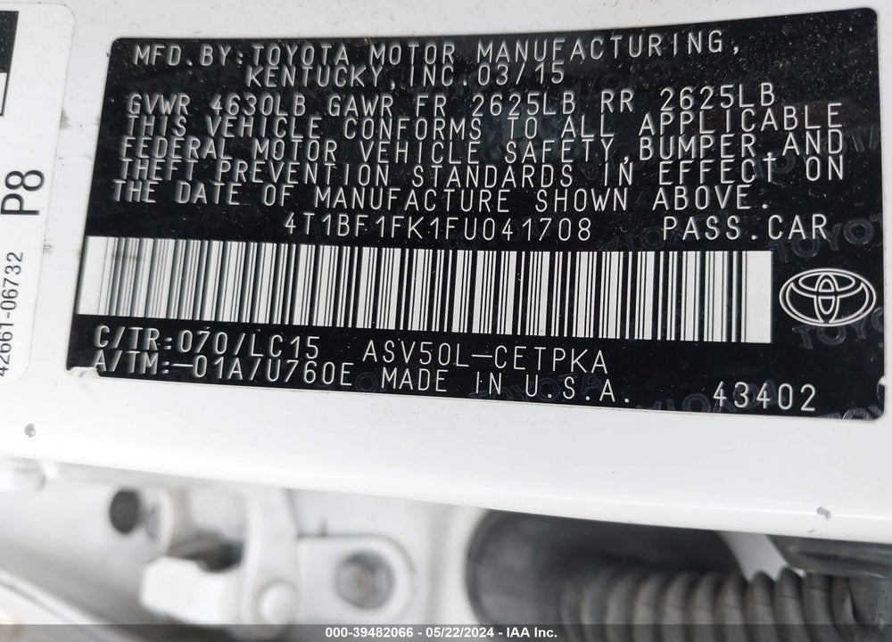 2015 TOYOTA CAMRY XSE VIN: 4T1BF1FK1FU041708