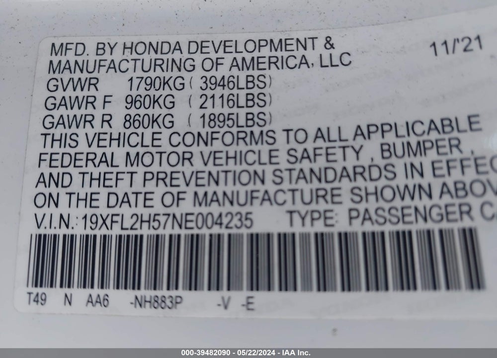 2022 HONDA CIVIC LX VIN: 19XFL2H57NE004235