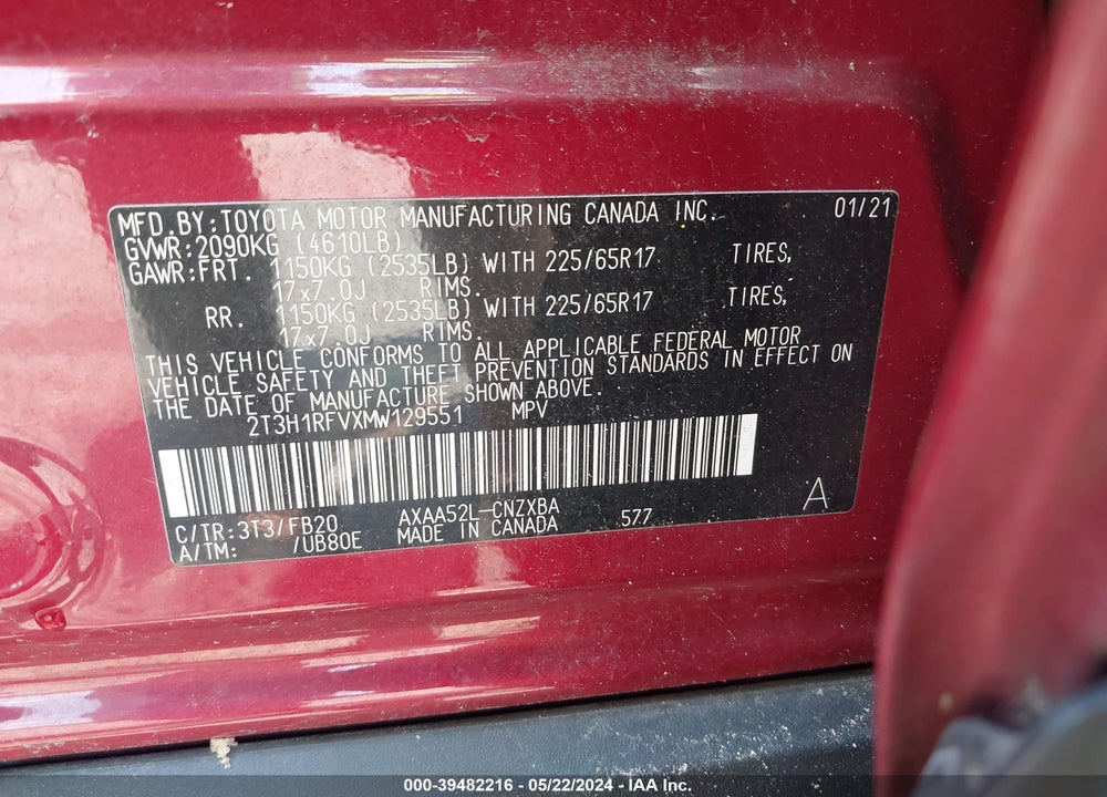 2021 TOYOTA RAV4 LE VIN: 2T3H1RFVXMW129551