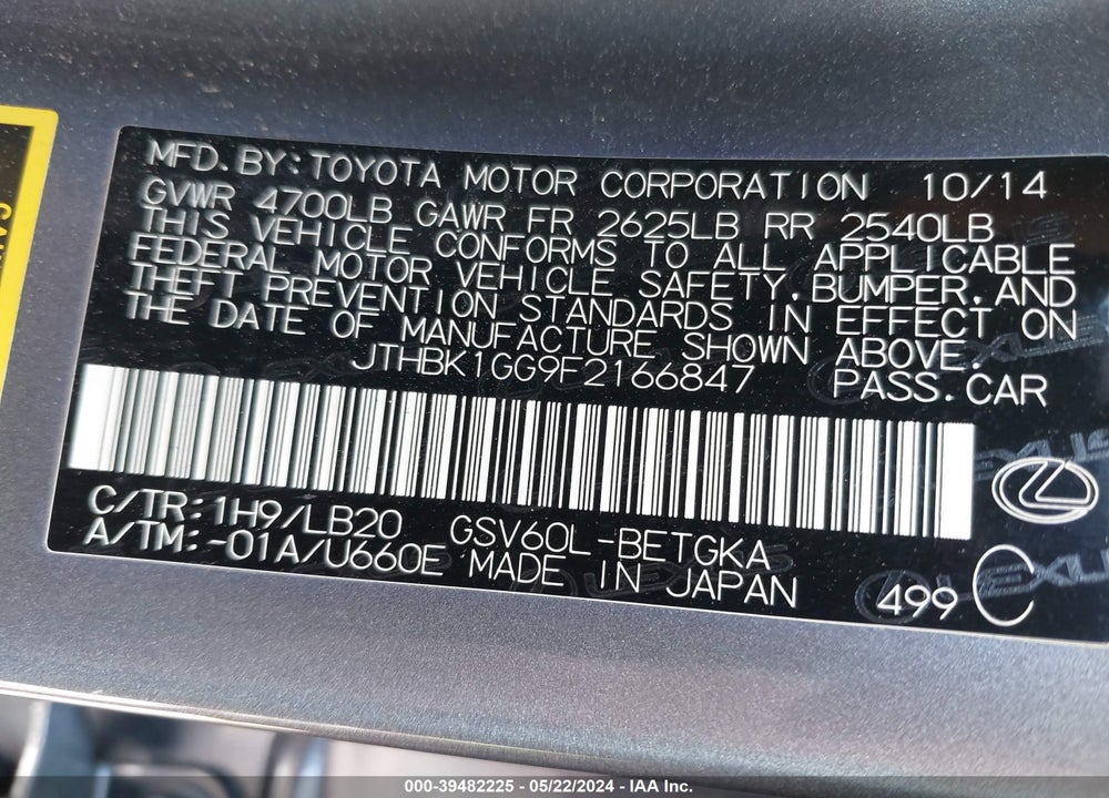 2015 LEXUS ES 350 VIN: JTHBK1GG9F2166847