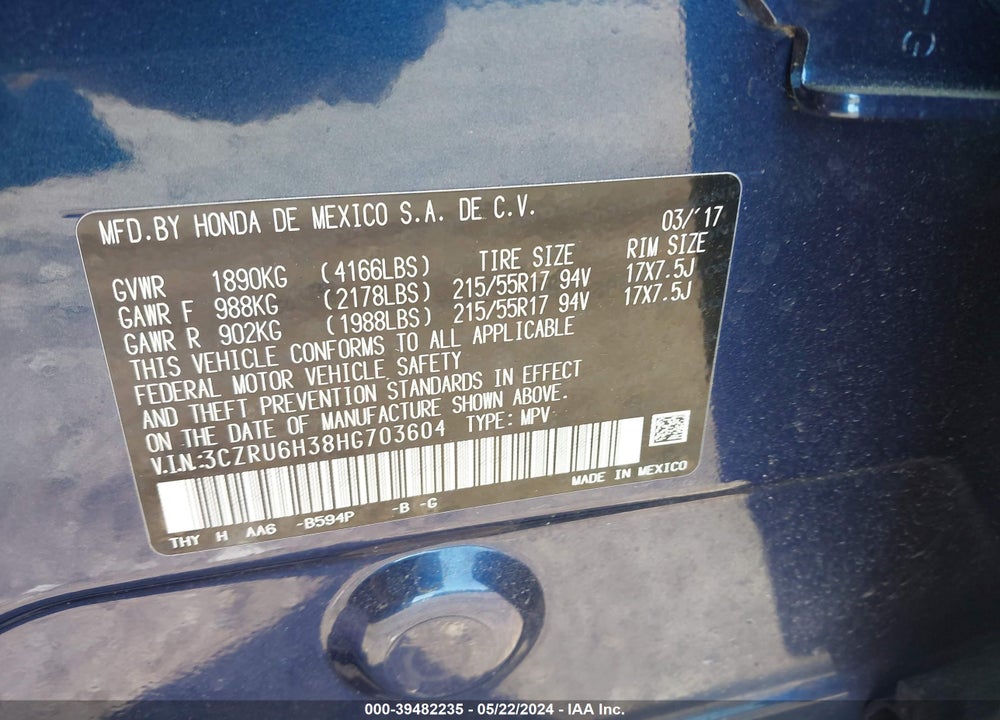 2017 HONDA HR-V LX VIN: 3CZRU6H38HG703604