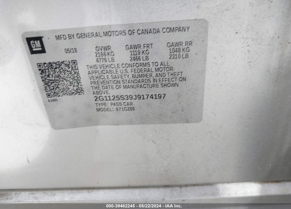2018 CHEVROLET IMPALA 2LZ VIN: 2G1125S39J9174197