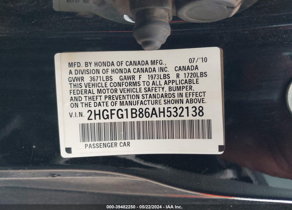 2010 HONDA CIVIC EX VIN: 2HGFG1B86AH532138