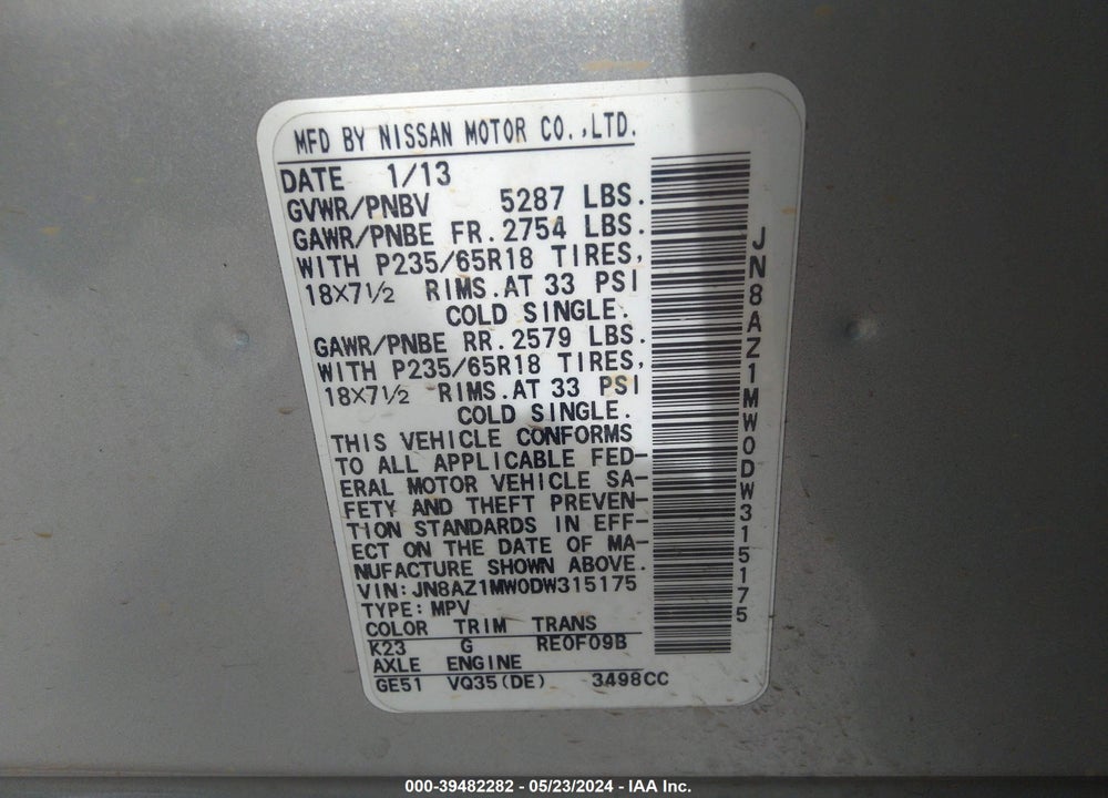 2013 NISSAN MURANO VIN: JN8AZ1MW0DW315175