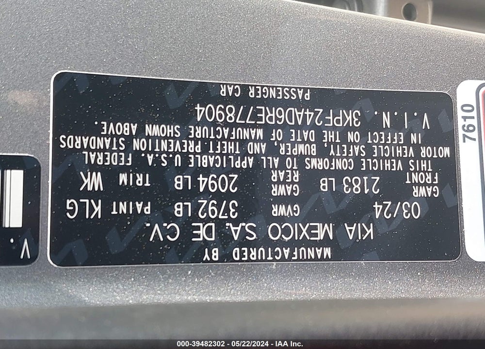 2024 KIA FORTE LXS VIN: 3KPF24AD6RE778904