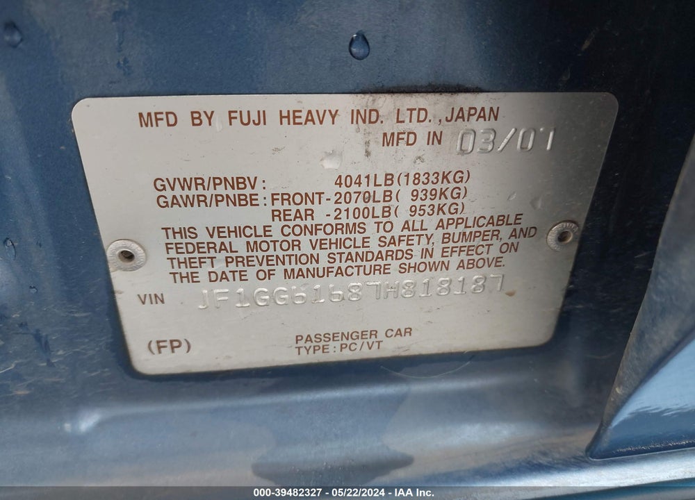 2007 SUBARU IMPREZA 2.5I VIN: JF1GG61687H818187