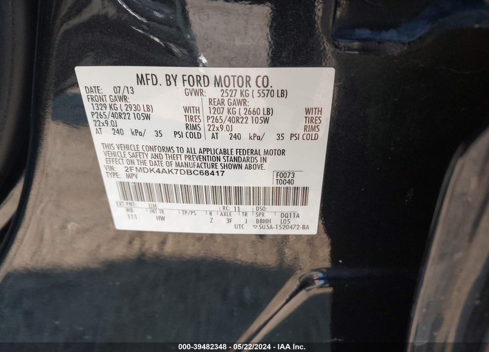 2013 FORD EDGE SPORT VIN: 2FMDK4AK7DBC68417