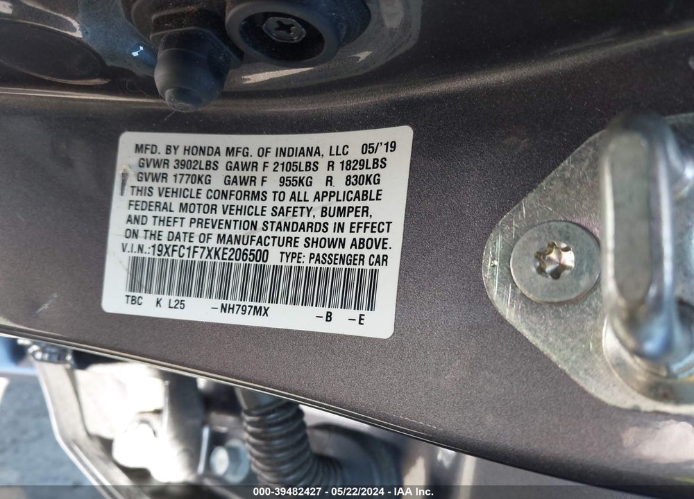 2019 HONDA CIVIC EX-L VIN: 19XFC1F7XKE206500