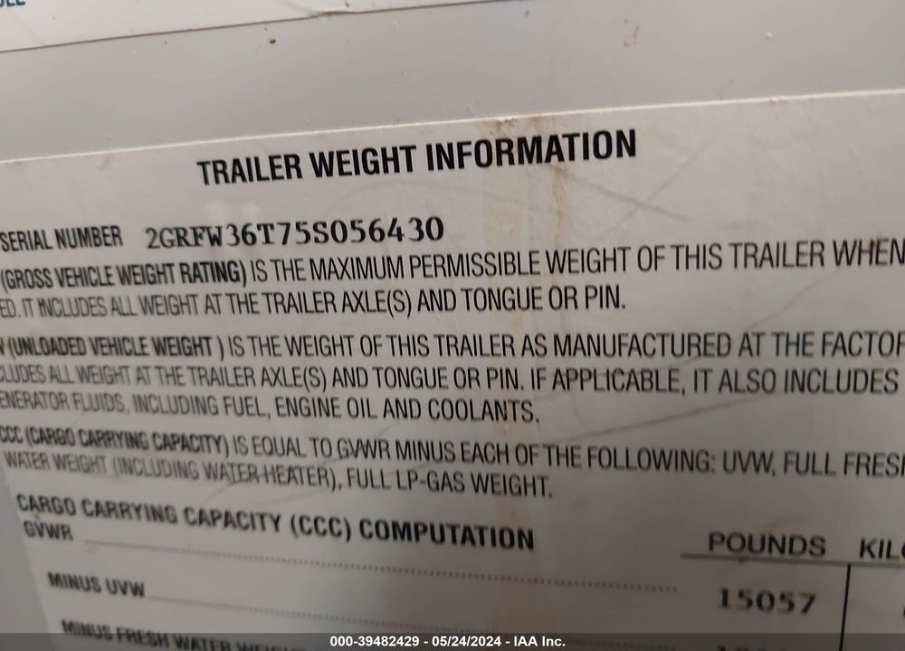 2005 GLENDALE TITANIUM 41' 5TH WHEEL VIN: 2GRFW36T75S056430