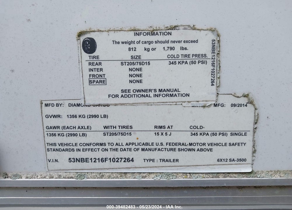 2015 DIAMOND CARGO VIN: 53NBE1216F1027264