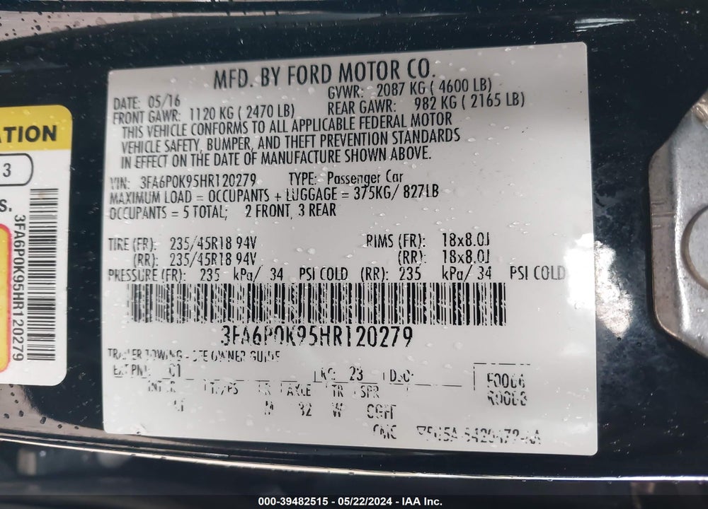 2017 FORD FUSION TITANIUM VIN: 3FA6P0K95HR120279