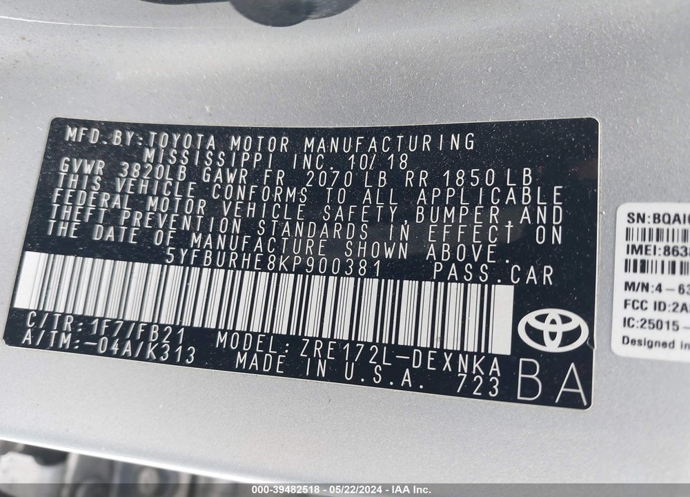 2019 TOYOTA COROLLA LE VIN: 5YFBURHE8KP900381
