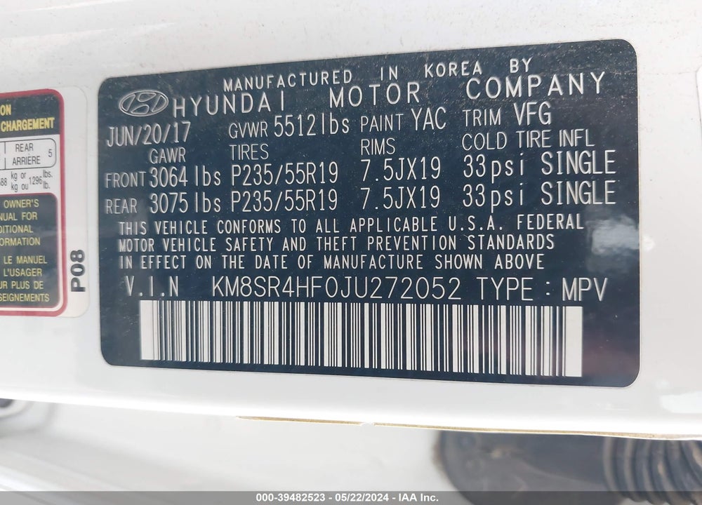 2018 HYUNDAI SANTA FE SE ULTIMATE VIN: KM8SR4HF0JU272052
