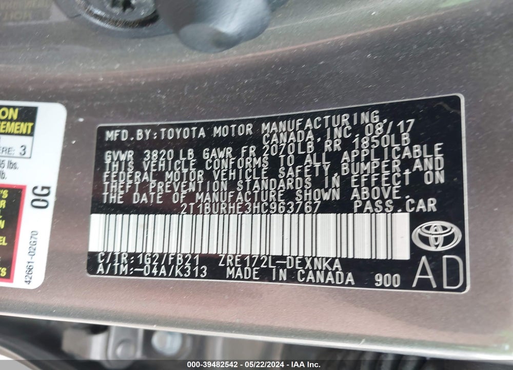 2017 TOYOTA COROLLA LE VIN: 2T1BURHE3HC963767