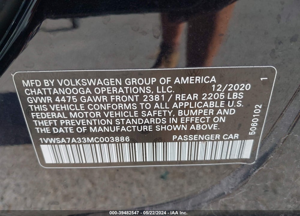 2021 VOLKSWAGEN PASSAT 2.0T SE VIN: 1VWSA7A33MC003886