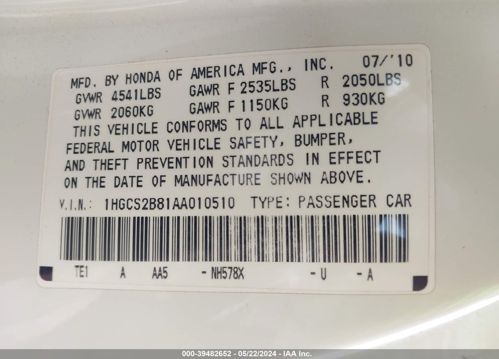 2010 HONDA ACCORD 3.5 EX-L VIN: 1HGCS2B81AA010510