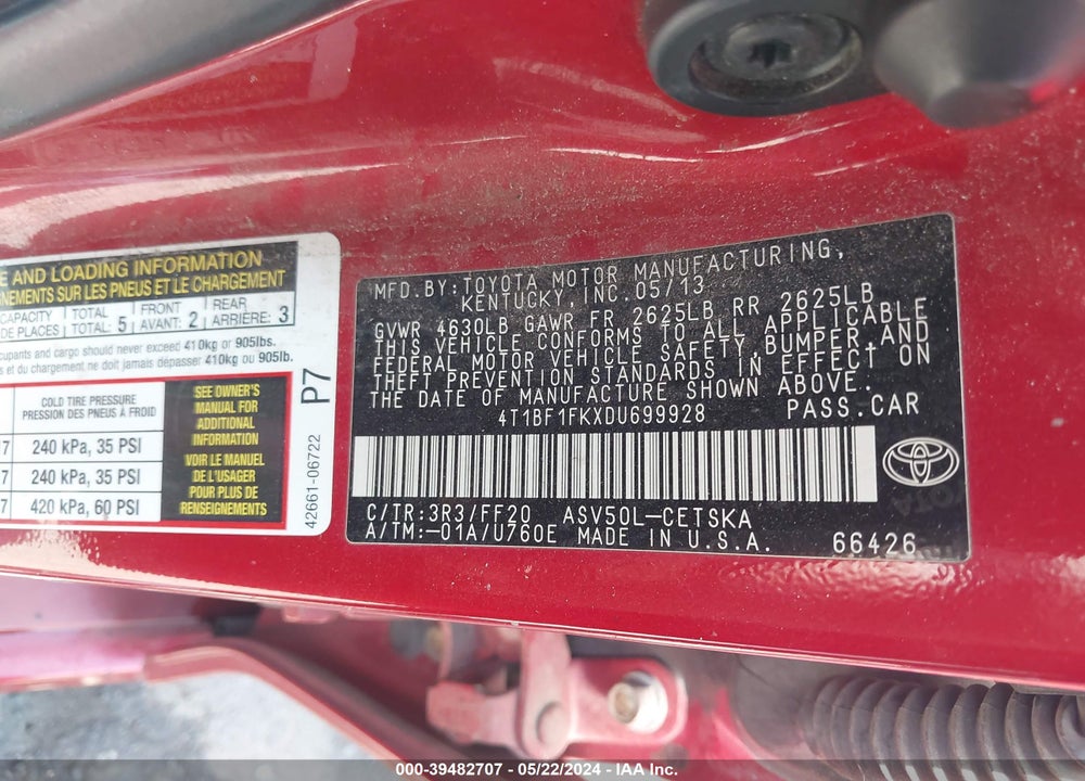 2013 TOYOTA CAMRY SE VIN: 4T1BF1FKXDU699928