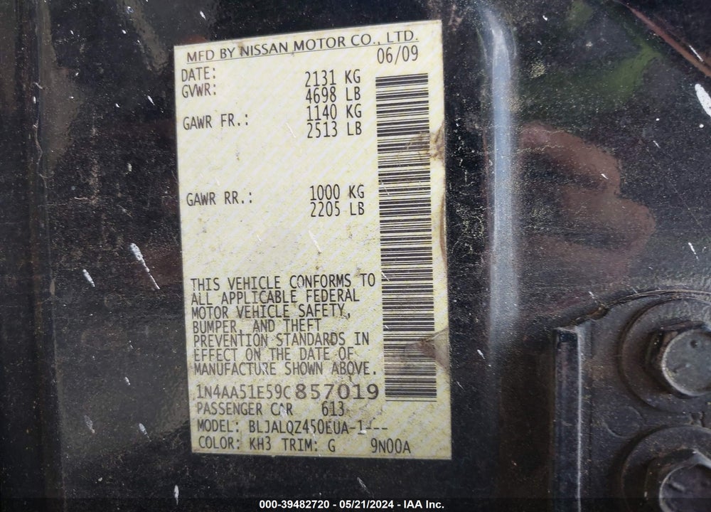 2009 NISSAN MAXIMA 3.5 S VIN: 1N4AA51E59C857019