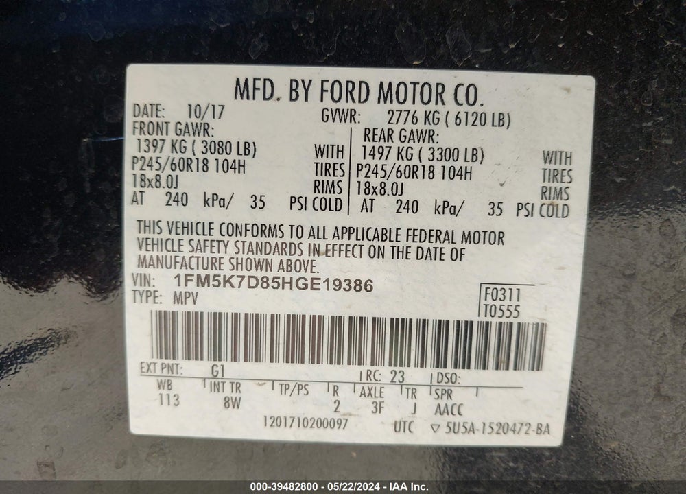 2017 FORD EXPLORER XLT VIN: 1FM5K7D85HGE19386