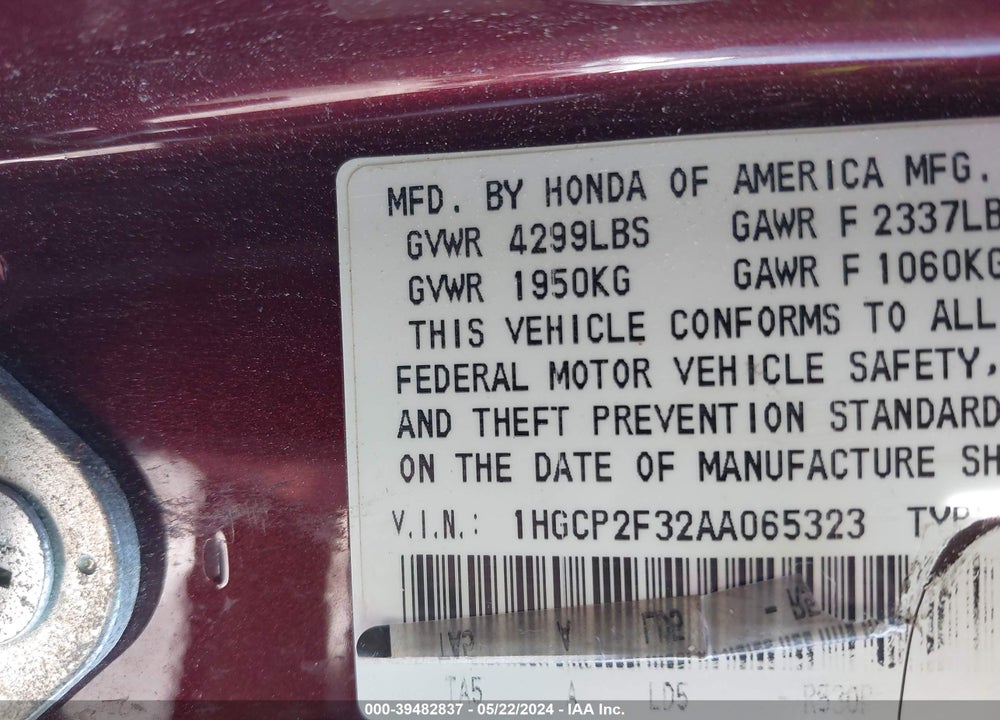 2010 HONDA ACCORD 2.4 LX VIN: 1HGCP2F32AA065323