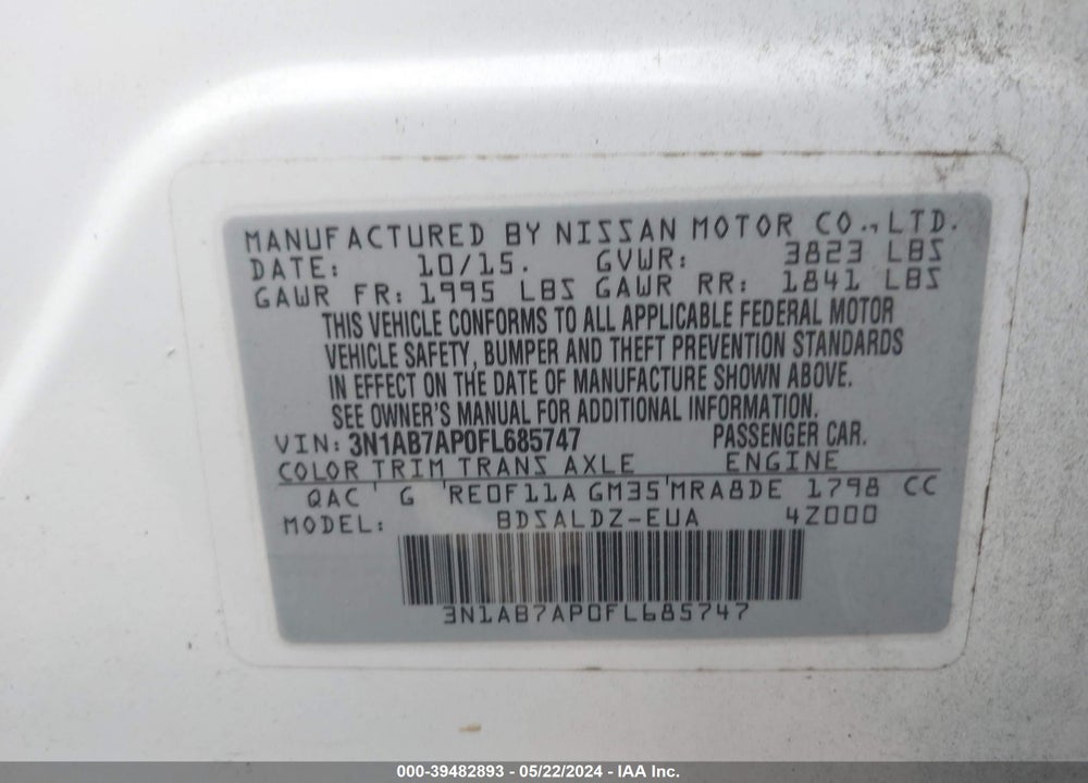 2015 NISSAN SENTRA SV VIN: 3N1AB7AP0FL685747