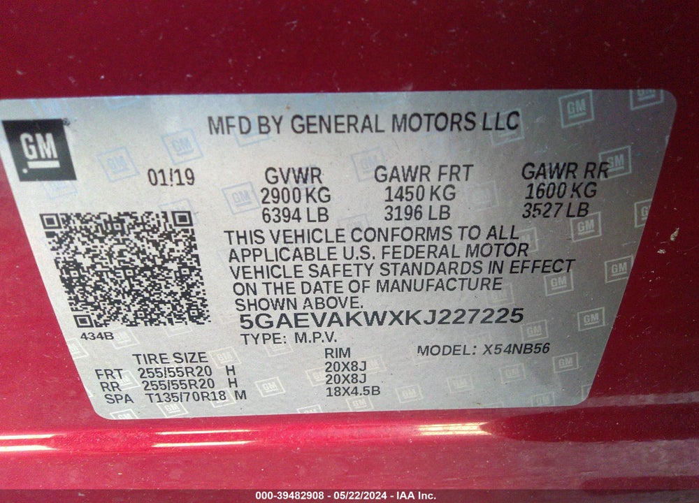 2019 BUICK ENCLAVE VIN: 5GAEVAKWXKJ227225