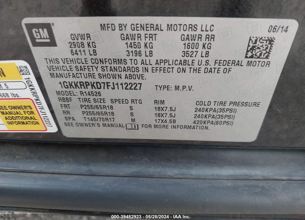 2015 GMC ACADIA SLE-2 VIN: 1GKKRPKD7FJ112227