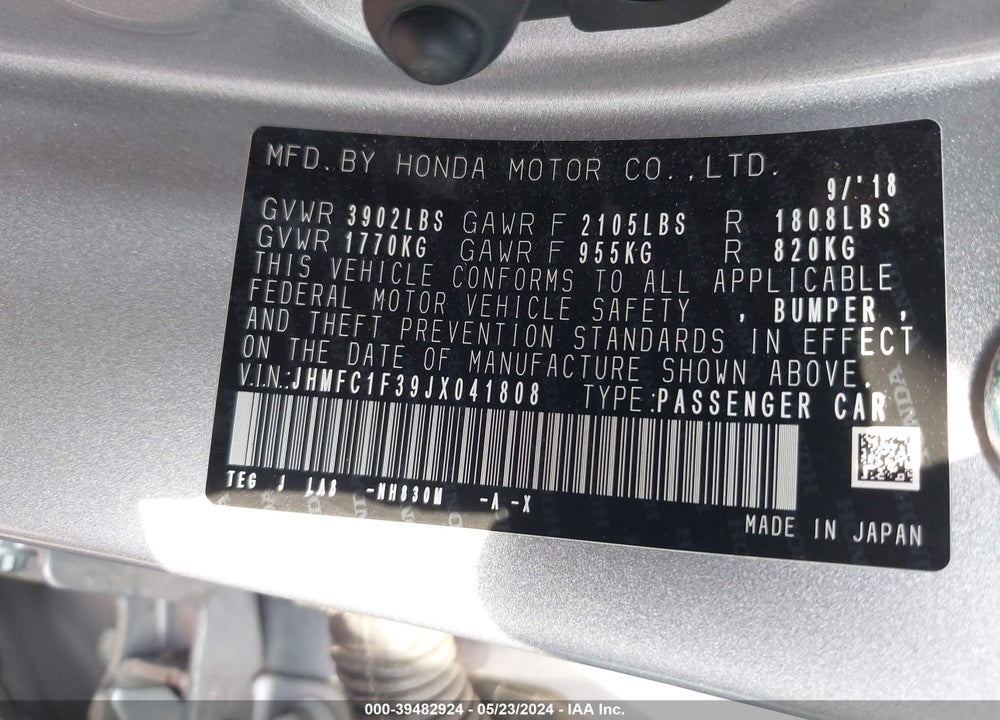 2018 HONDA CIVIC EX-T VIN: JHMFC1F39JX041808