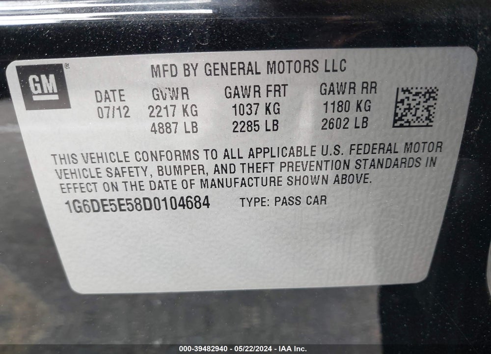 2013 CADILLAC CTS LUXURY VIN: 1G6DE5E58D0104684