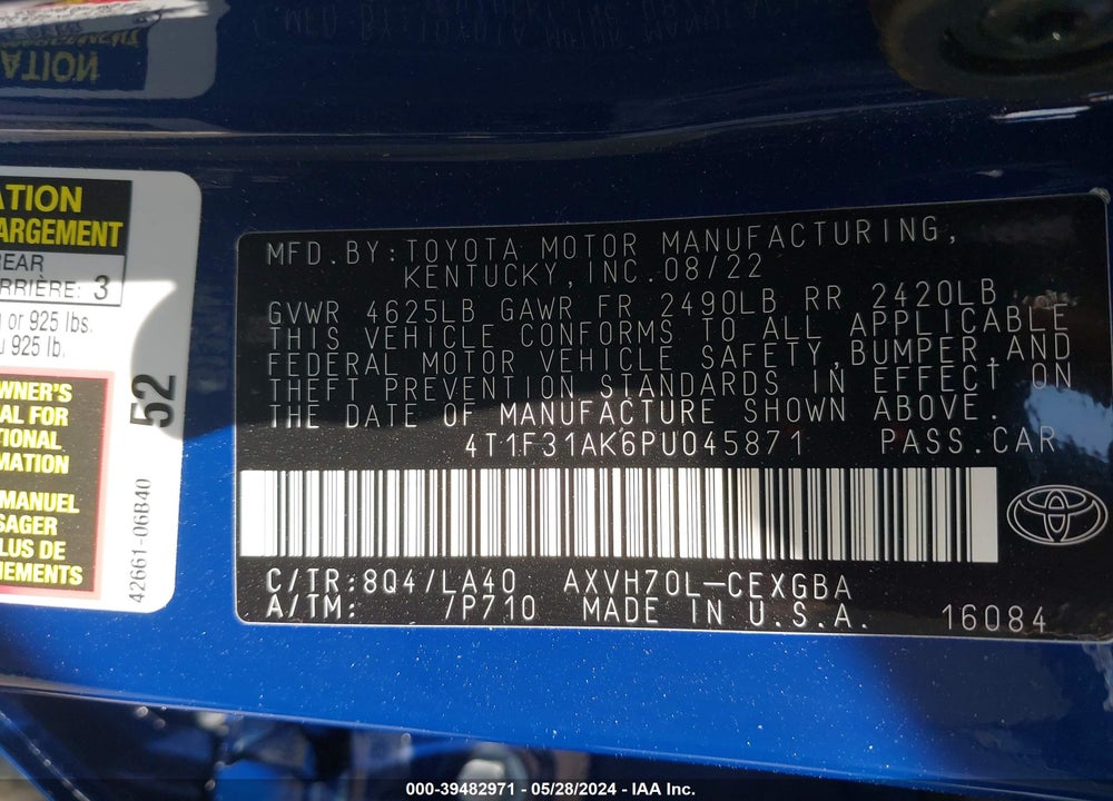 2023 TOYOTA CAMRY XLE HYBRID VIN: 4T1F31AK6PU045871