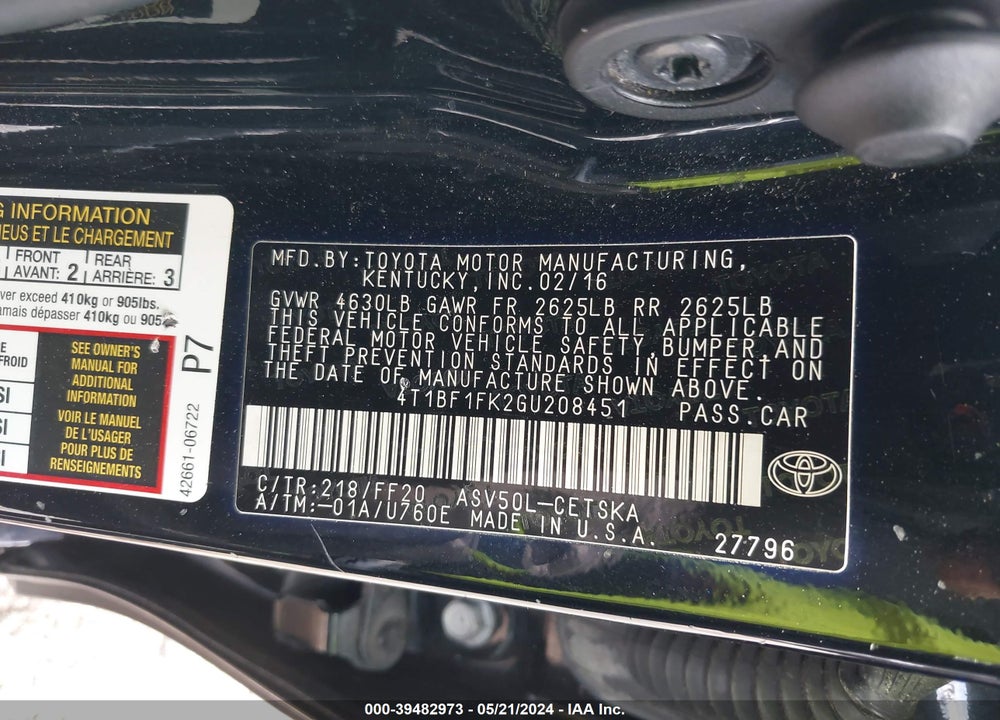 2016 TOYOTA CAMRY SE VIN: 4T1BF1FK2GU208451
