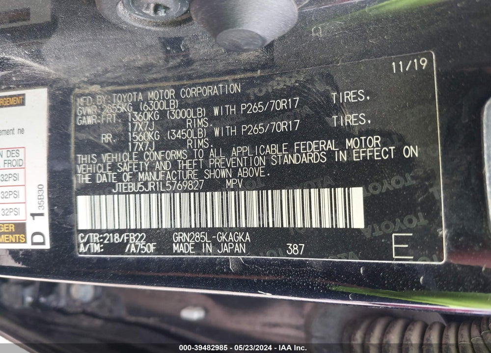 2020 TOYOTA 4RUNNER SR5 VIN: JTEBU5JR1L5769827