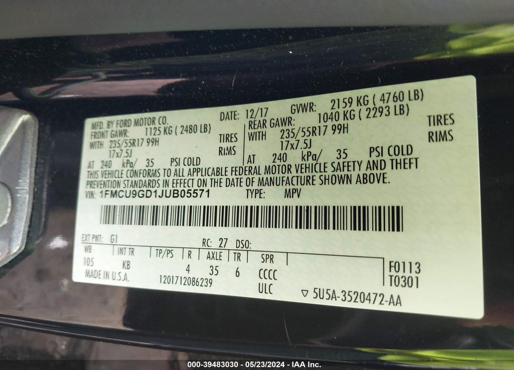2018 FORD ESCAPE SE VIN: 1FMCU9GD1JUB05571