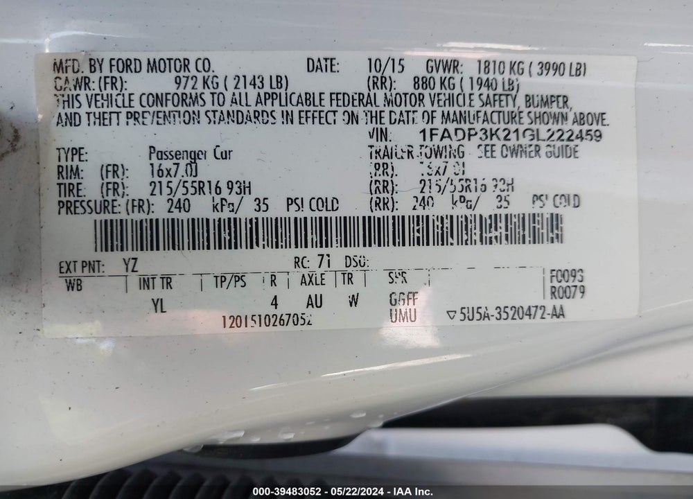 2016 FORD FOCUS SE VIN: 1FADP3K21GL222459