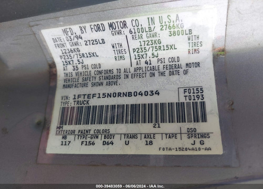 1994 FORD F150 VIN: 1FTEF15N0RNB04034