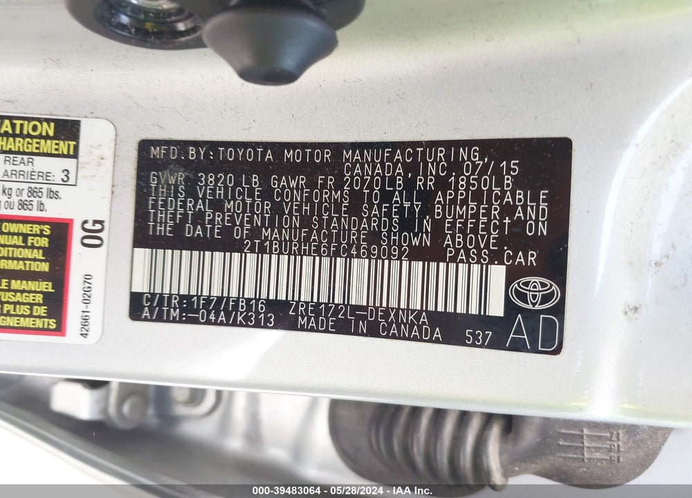 2015 TOYOTA COROLLA LE PLUS VIN: 2T1BURHE6FC469092