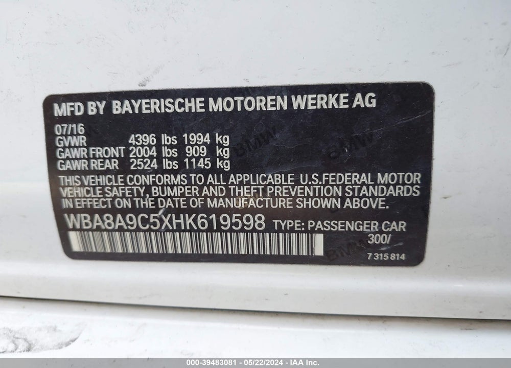 2017 BMW 320I VIN: WBA8A9C5XHK619598
