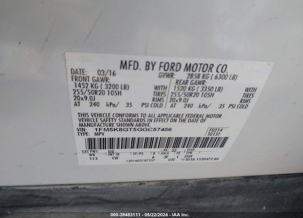2016 FORD EXPLORER SPORT VIN: 1FM5K8GT5GGC57456